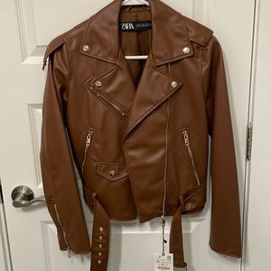 Zara Cropped Leather Jacket Brown